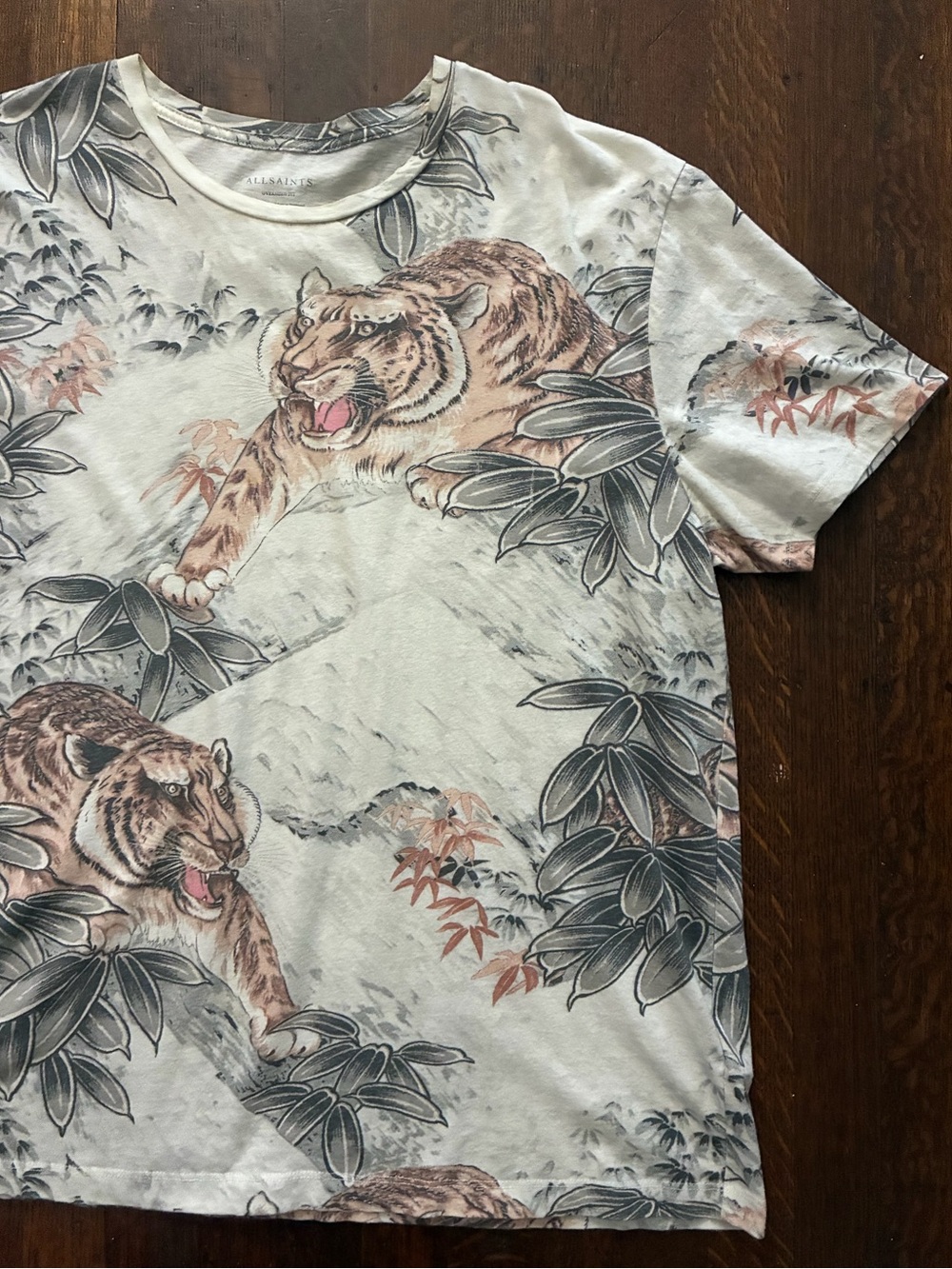 All Saints Short-Sleeve Tiger Print White Brown & Gray Print Oversized Tee